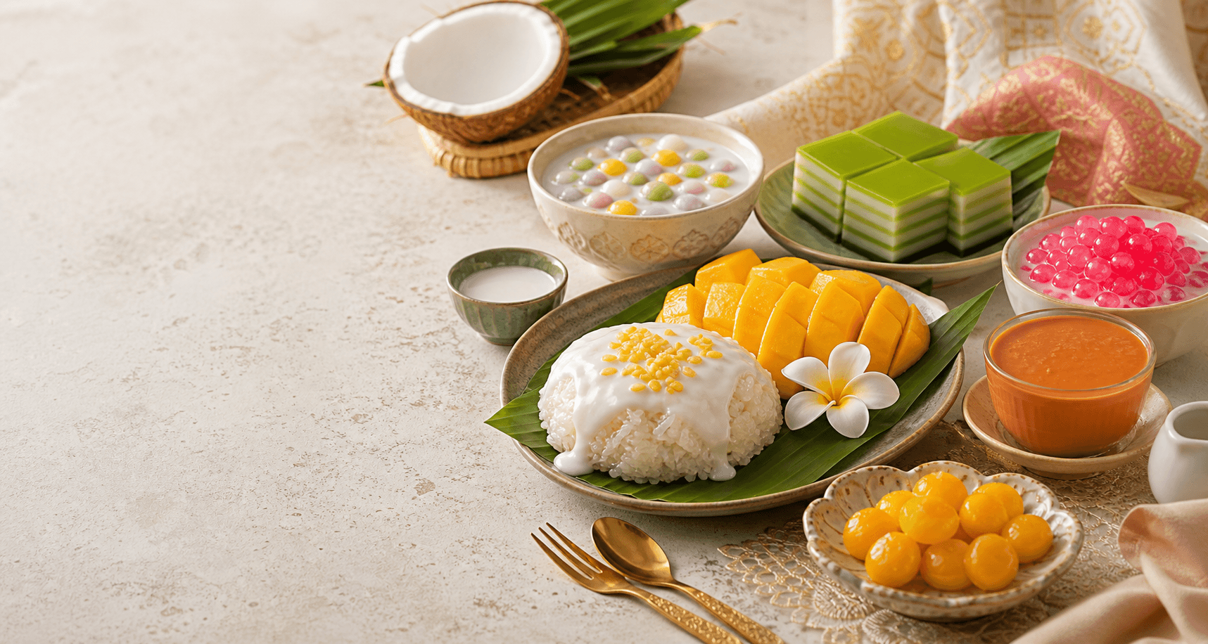 Thai golden desserts arranged on a dessert table