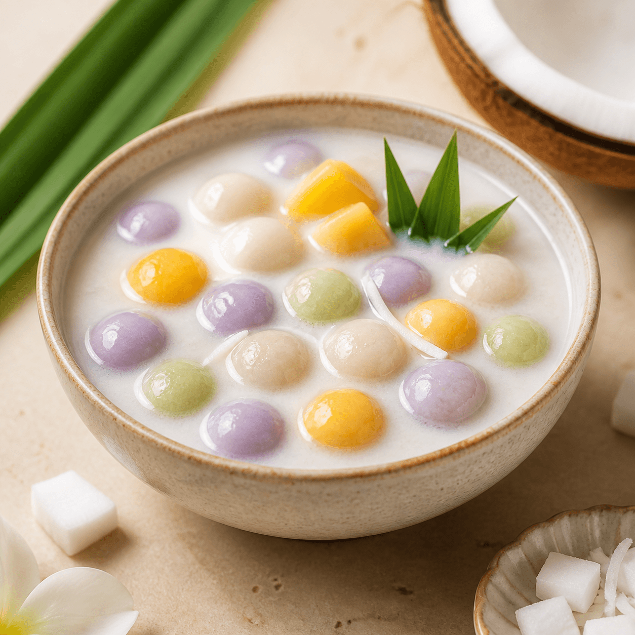 Colorful bua loy rice balls in coconut milk