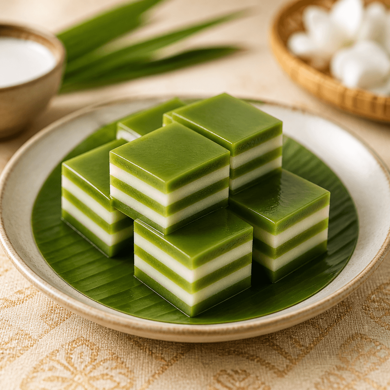 Pandan and coconut layered Thai cake squares