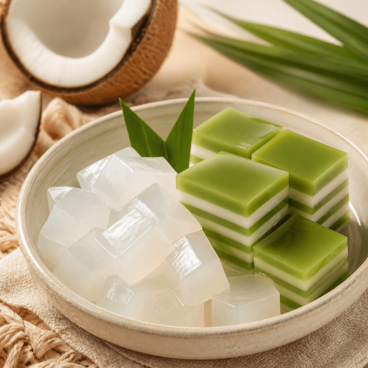 Coconut and pandan jelly cubes on a plate