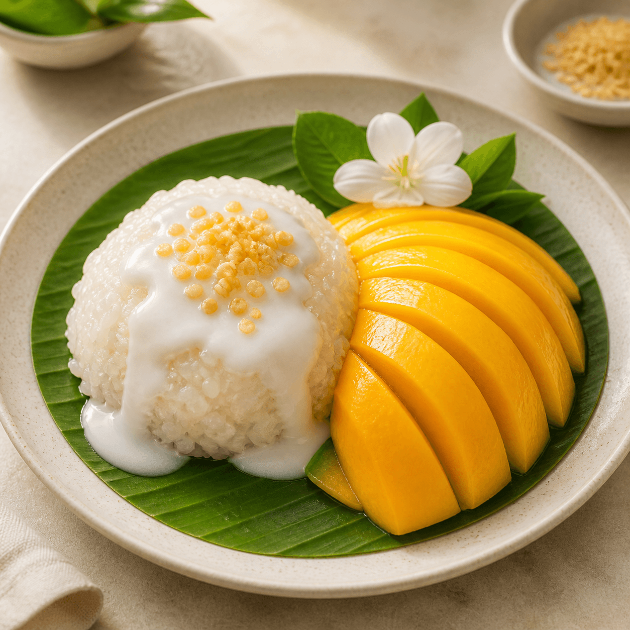 Mango sticky rice with coconut sauce and ripe mango slices